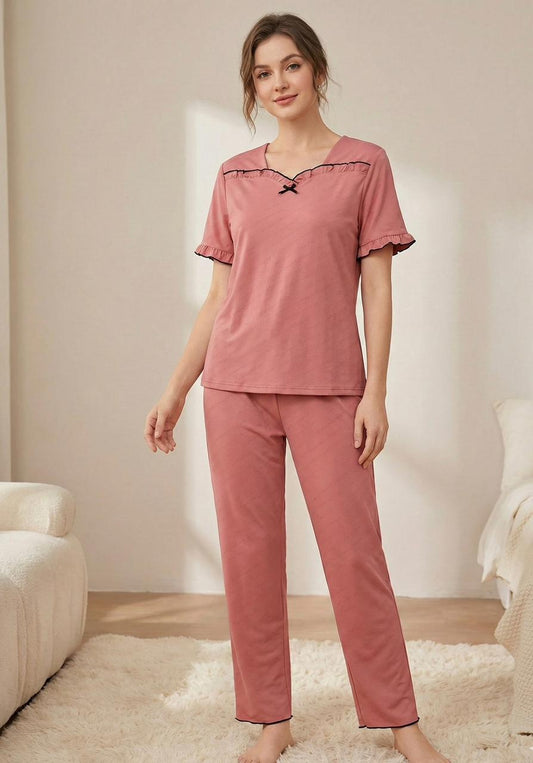 Women’s 2-Piece Co-ord Set – Ruffled Top & Pajama in Rust Pink, Fashion Loungewear | Comfortable Women's Clothing UAE | House of Shreenaa