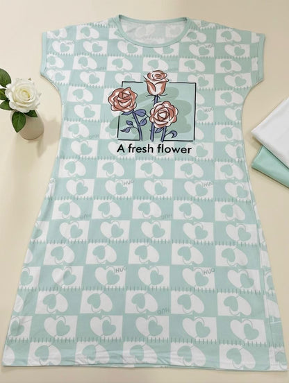 Blossom Heart Sleep Shirt – Soft Graphic Print Knee-Length Night Gown | Comfortable Women's Clothing UAE | House of Shreenaa