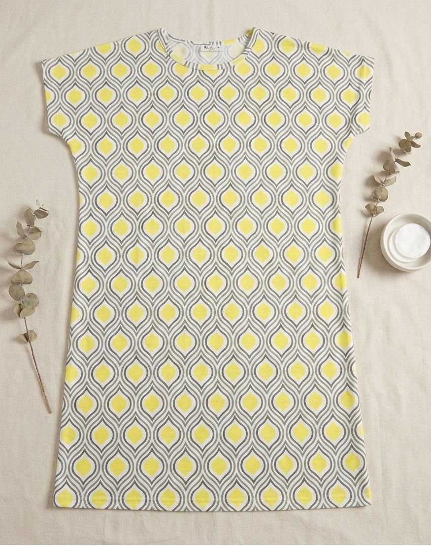 Women’s Cotton One-Piece Sleep Shirt – Yellow & Grey Geometric Print Nightwear | Comfortable Women's Clothing UAE | House of Shreenaa