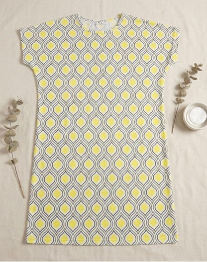 Women’s Cotton One-Piece Sleep Shirt – Yellow & Grey Geometric Print Nightwear | Comfortable Women's Clothing UAE | House of Shreenaa