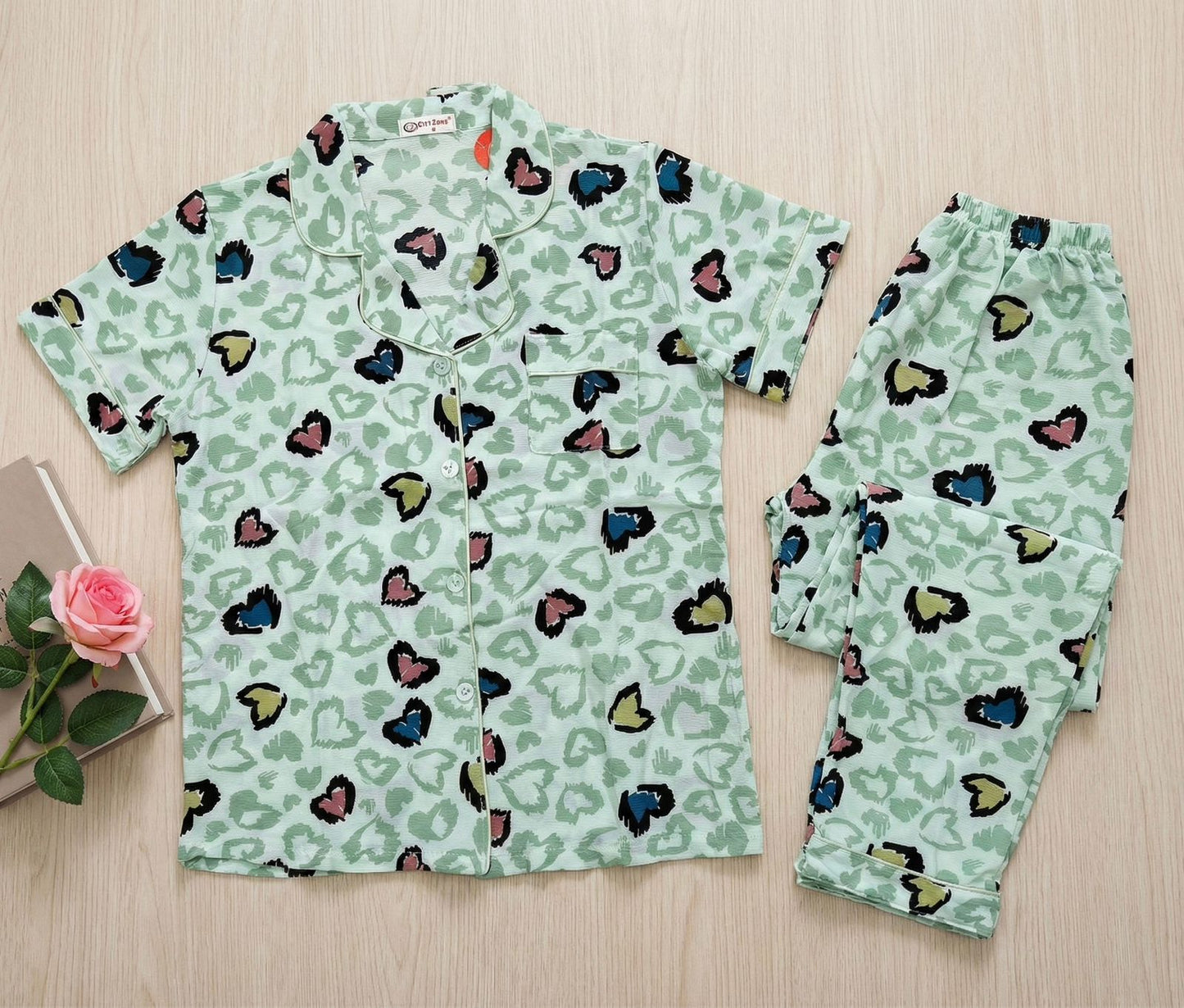 Mint Green Co-ord Pyjama Set - Button-Down & Heart Print for Women | Comfortable Women's Clothing UAE | House of Shreenaa