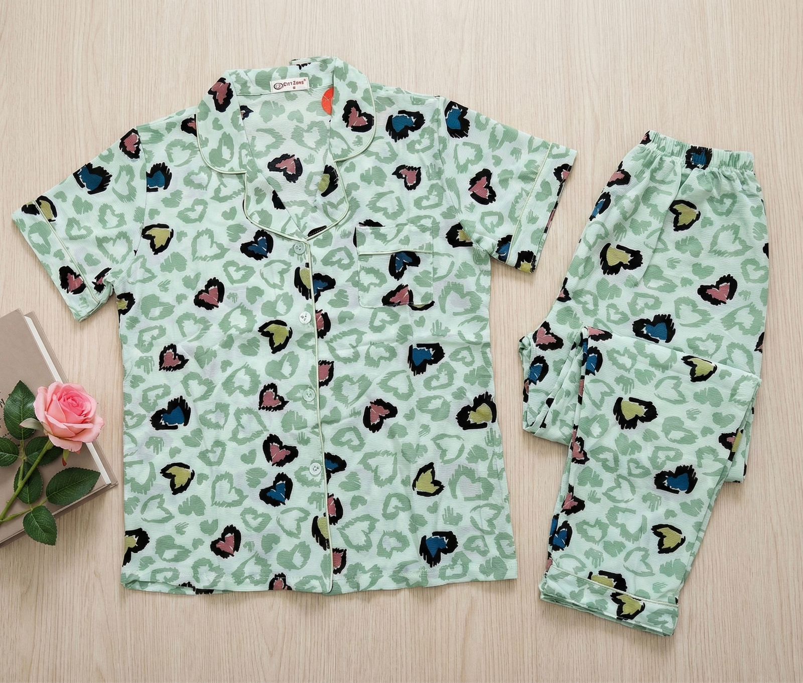 Mint Green Co-ord Pyjama Set - Button-Down & Heart Print for Women | Comfortable Women's Clothing UAE | House of Shreenaa