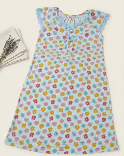 Floral Blue Soft Night Gown with Cap Sleeves & Full Length for Women | Comfortable Women's Clothing UAE | House of Shreenaa