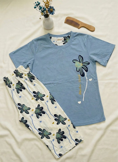 Tropical Floral Cropped Set - Sky Blue & White Capri Loungewear | Comfortable Women's Clothing UAE | House of Shreenaa