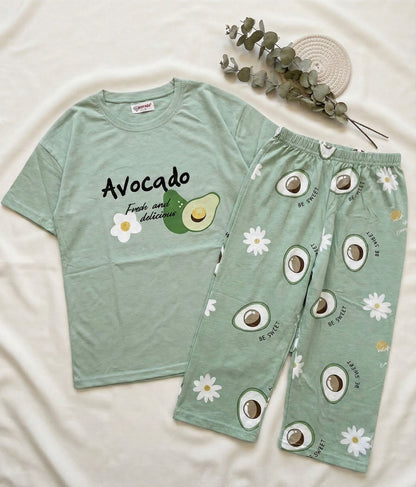 Avocado Print Cropped Pant Set - Sage Green Capri Nightwear for Women | Comfortable Women's Clothing UAE | House of Shreenaa