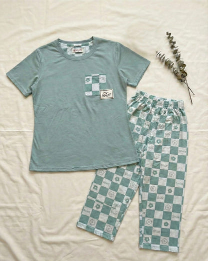 Sage Green Checkered Cotton Capri Set – Soft 2-Piece Nightwear & Loungewear | Comfortable Women's Clothing UAE | House of Shreenaa