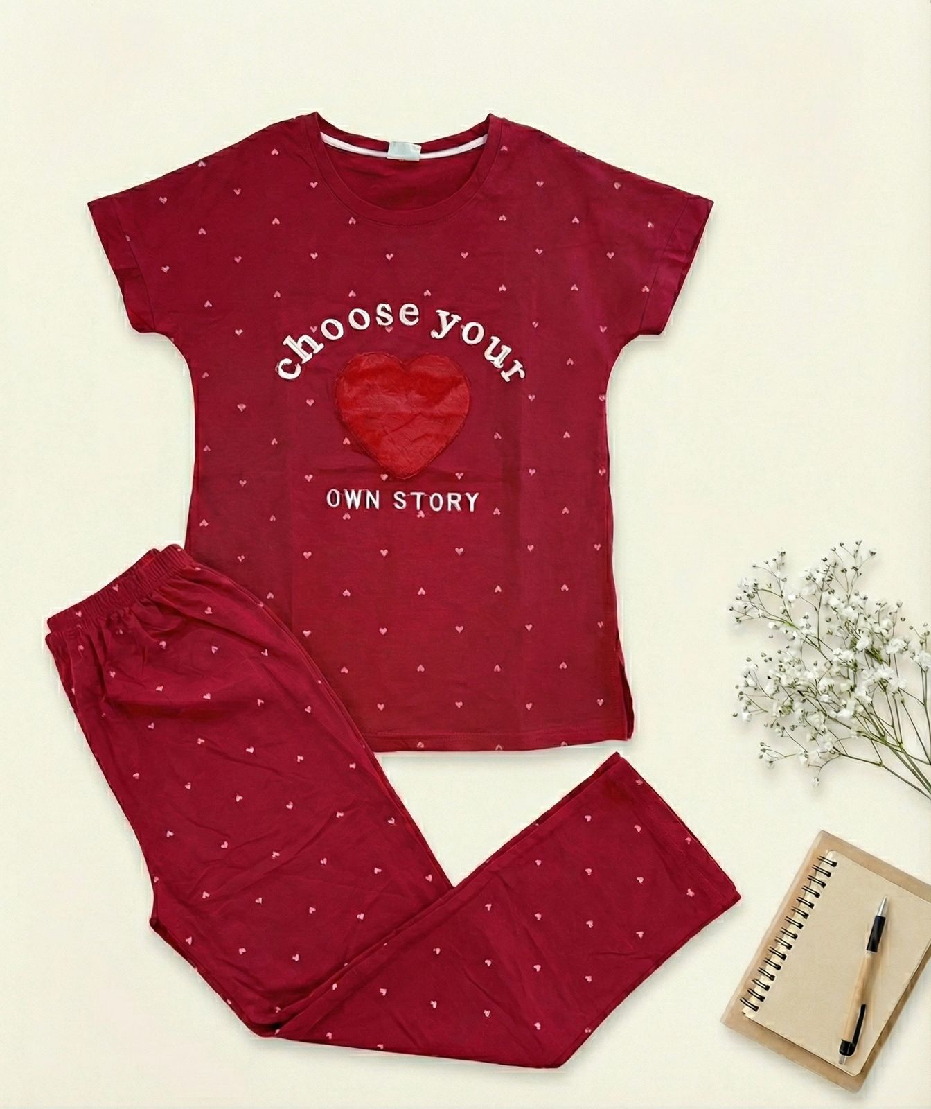 “Choose Your Own Story” Heart Print Pyjama Set – Inspiring Comfort in Every Color | Comfortable Women's Clothing UAE | House of Shreenaa