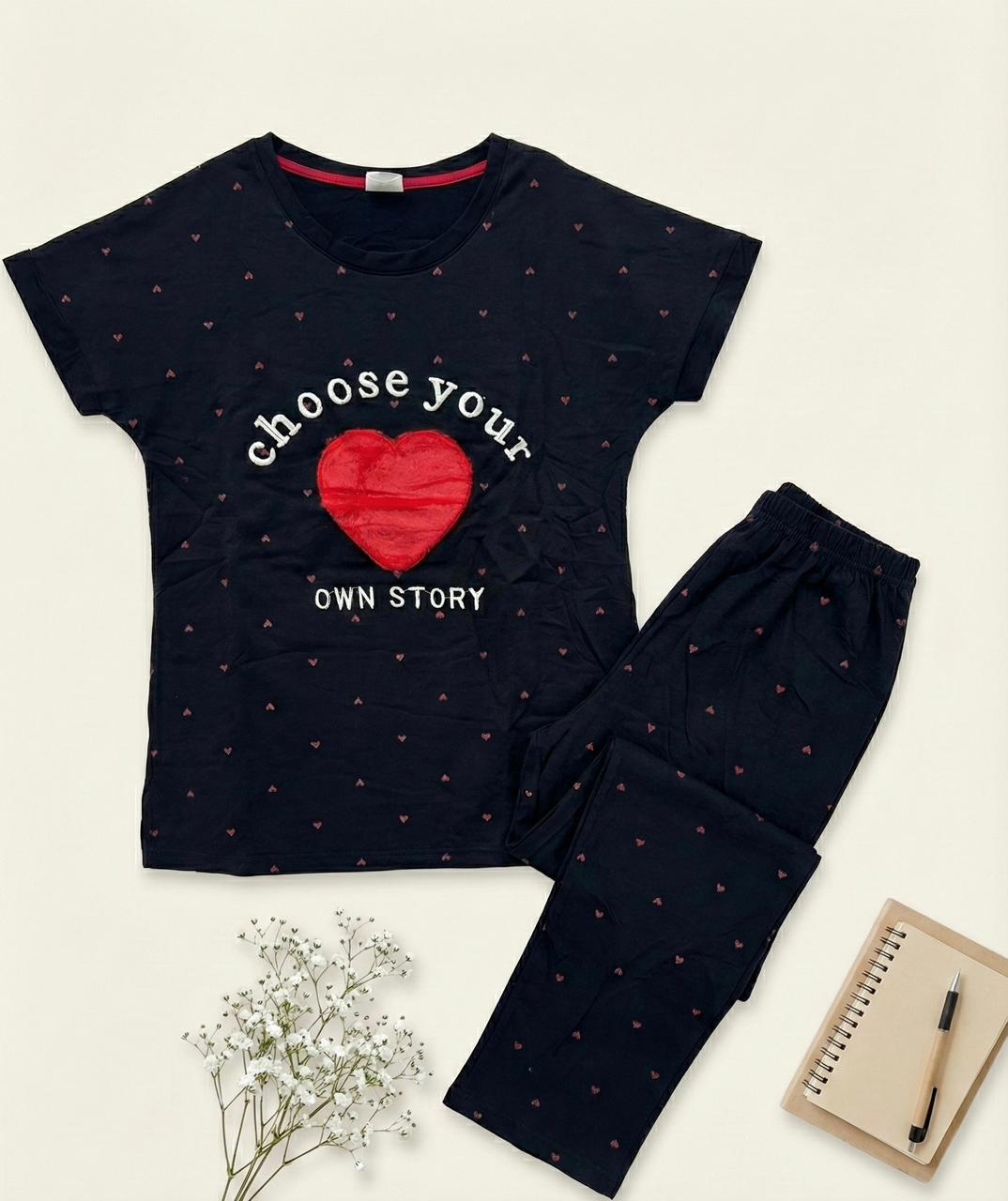 “Choose Your Own Story” Heart Print Pyjama Set – Inspiring Comfort in Every Color | Comfortable Women's Clothing UAE | House of Shreenaa