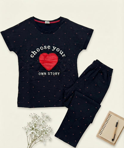 “Choose Your Own Story” Heart Print Pyjama Set – Inspiring Comfort in Every Color | Comfortable Women's Clothing UAE | House of Shreenaa