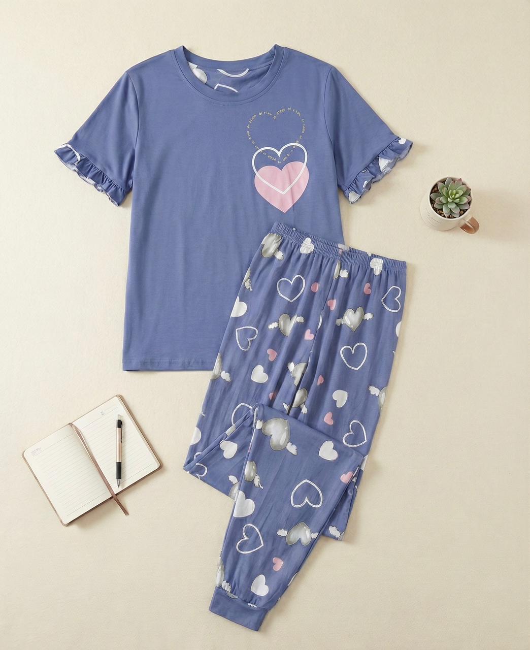 Sweetheart Dreams Pyjama Set - Soft Blend Heart Print Nightwear | Comfortable Women's Clothing UAE | House of Shreenaa