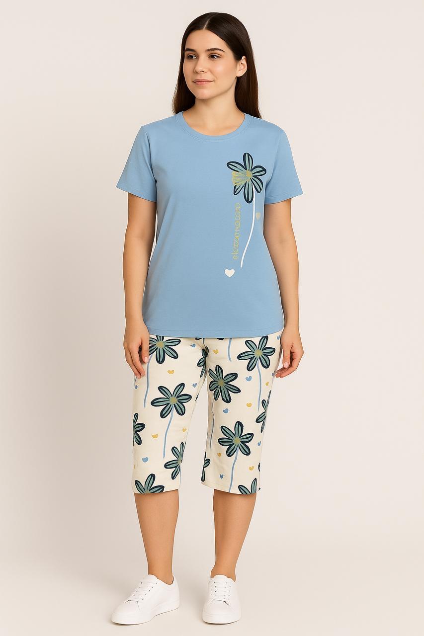 Tropical Floral Cropped Set - Sky Blue & White Capri Loungewear | Comfortable Women's Clothing UAE | House of Shreenaa