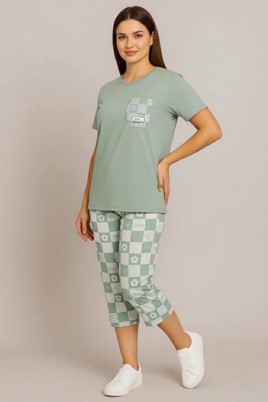 Sage Green Checkered Cotton Capri Set – Soft 2-Piece Nightwear & Loungewear | Comfortable Women's Clothing UAE | House of Shreenaa