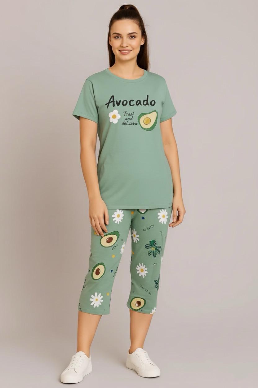 Avocado Print Cropped Pant Set - Sage Green Capri Nightwear for Women | Comfortable Women's Clothing UAE | House of Shreenaa