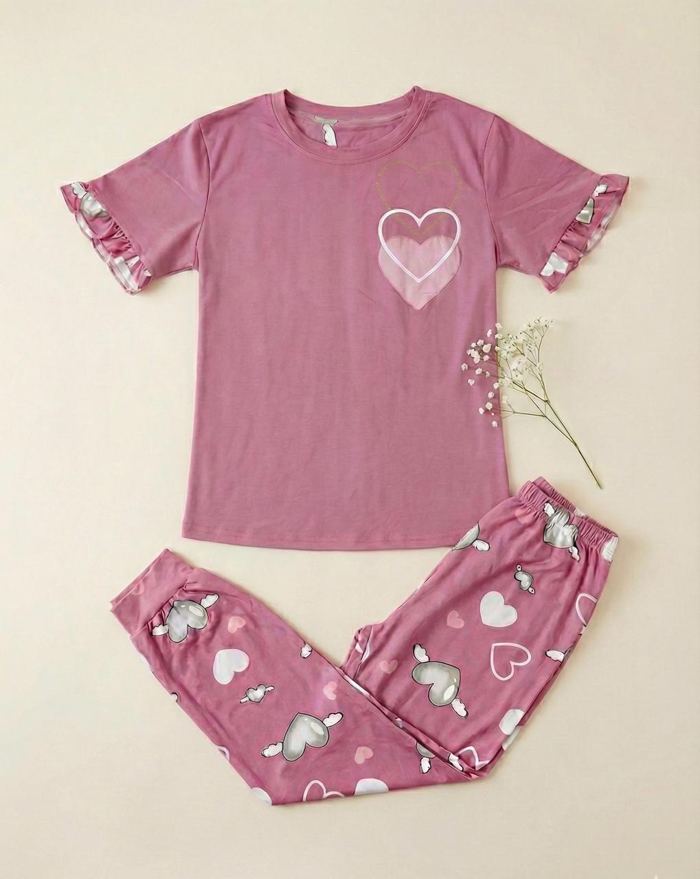 Sweetheart Dreams Pyjama Set - Soft Blend Heart Print Nightwear | Comfortable Women's Clothing UAE | House of Shreenaa