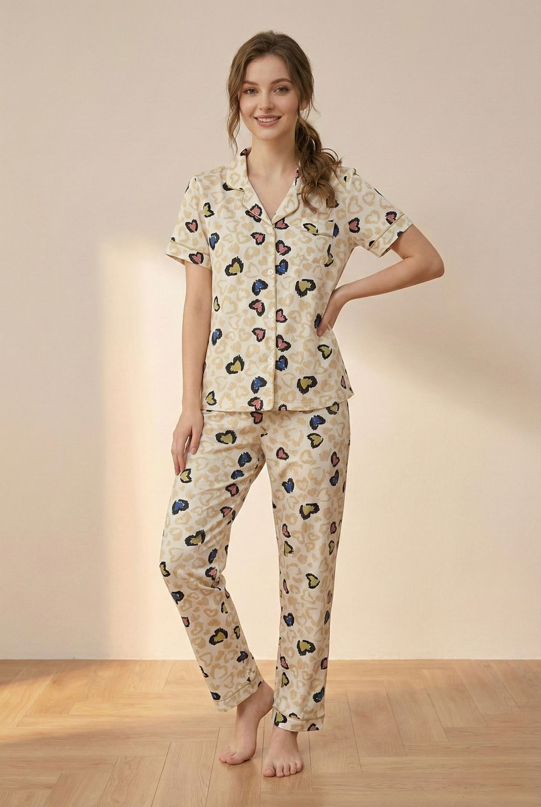 Beige Co-ord Pyjama Set - Button-Down & Heart Print | Comfortable Women's Clothing UAE | House of Shreenaa