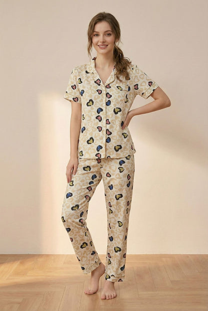 Beige Co-ord Pyjama Set - Button-Down & Heart Print | Comfortable Women's Clothing UAE | House of Shreenaa