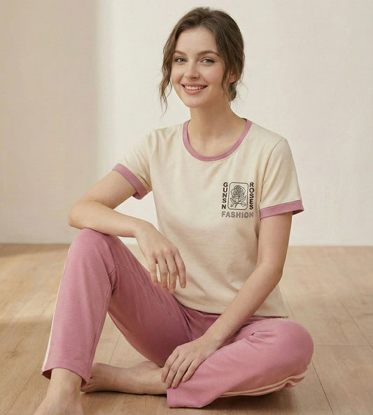 Cream & Pink "Guns N Roses" Cotton Co-ord Set - Fashion Night Suit for Women | Comfortable Women's Clothing UAE | House of Shreenaa