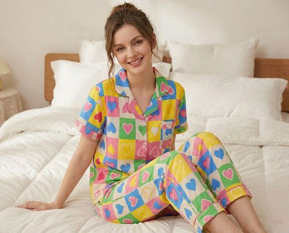 Colorful Heart-Print Two-Piece Set with Button-Down Shirt and Pajama for Teenage Girls | Comfortable Women's Clothing UAE | House of Shreenaa