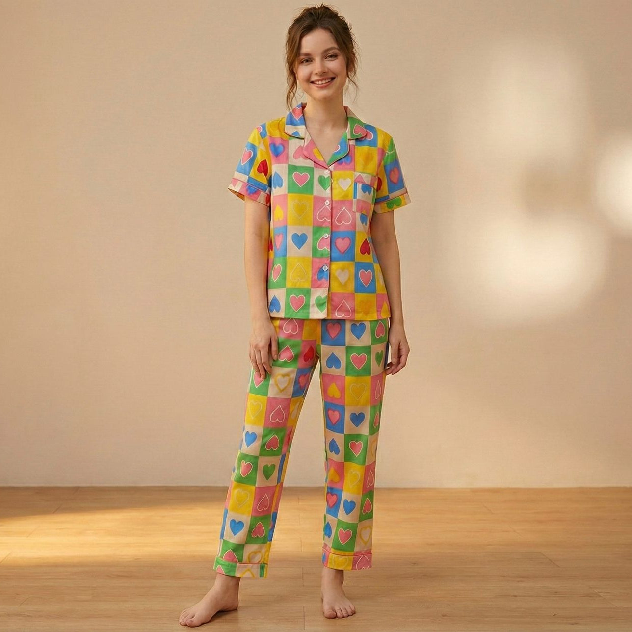 Colorful Heart-Print Two-Piece Set with Button-Down Shirt and Pajama for Teenage Girls | Comfortable Women's Clothing UAE | House of Shreenaa