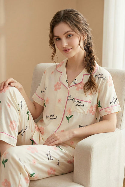 Teenagers girls Cream Floral Printed Night Suit and Co-ord Set – 2 Piece Set | Comfortable Women's Clothing UAE | House of Shreenaa