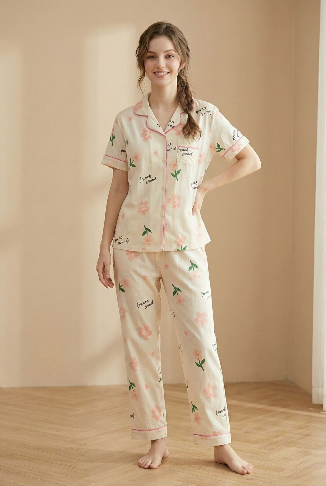 Teenagers girls Cream Floral Printed Night Suit and Co-ord Set – 2 Piece Set | Comfortable Women's Clothing UAE | House of Shreenaa