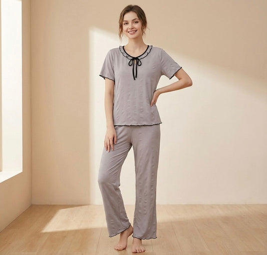 Elegant Lavender Women’s Co-ord Set with Ruffle Neck and Black Piping – Soft Loungewear | Comfortable Women's Clothing UAE | House of Shreenaa