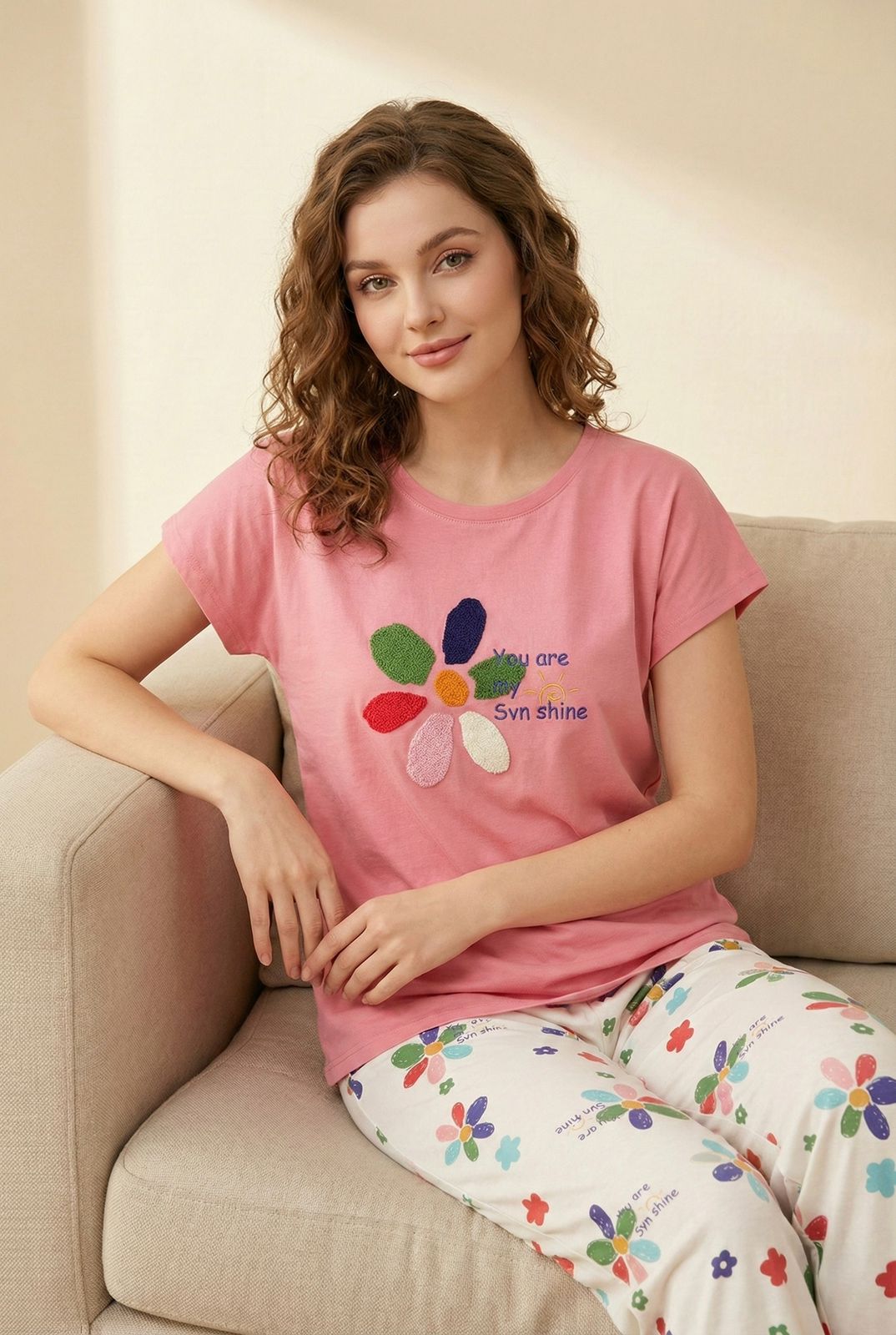 Sunshine Bloom Cotton Pyjama Set - Floral Print Slogan Nightsuit | Comfortable Women's Clothing UAE | House of Shreenaa