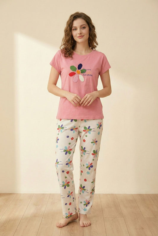 Sunshine Bloom Cotton Pyjama Set - Floral Print Slogan Nightsuit | Comfortable Women's Clothing UAE | House of Shreenaa
