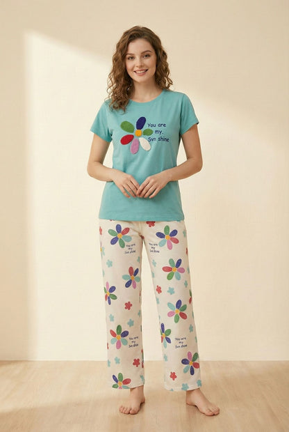 Sunshine Bloom Cotton Pyjama Set - Floral Print Slogan Nightsuit | Comfortable Women's Clothing UAE | House of Shreenaa