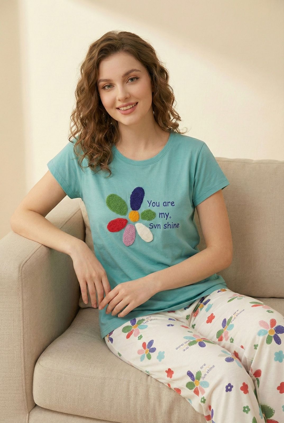 Sunshine Bloom Cotton Pyjama Set - Floral Print Slogan Nightsuit | Comfortable Women's Clothing UAE | House of Shreenaa