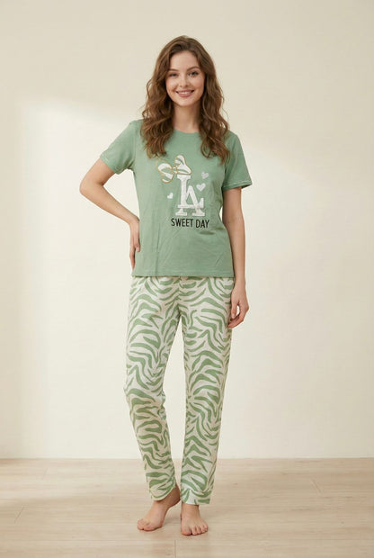 Sweet Day Cotton Pyjama Set - Graphic Tee & Zebra Print Loungewear | Comfortable Women's Clothing UAE | House of Shreenaa