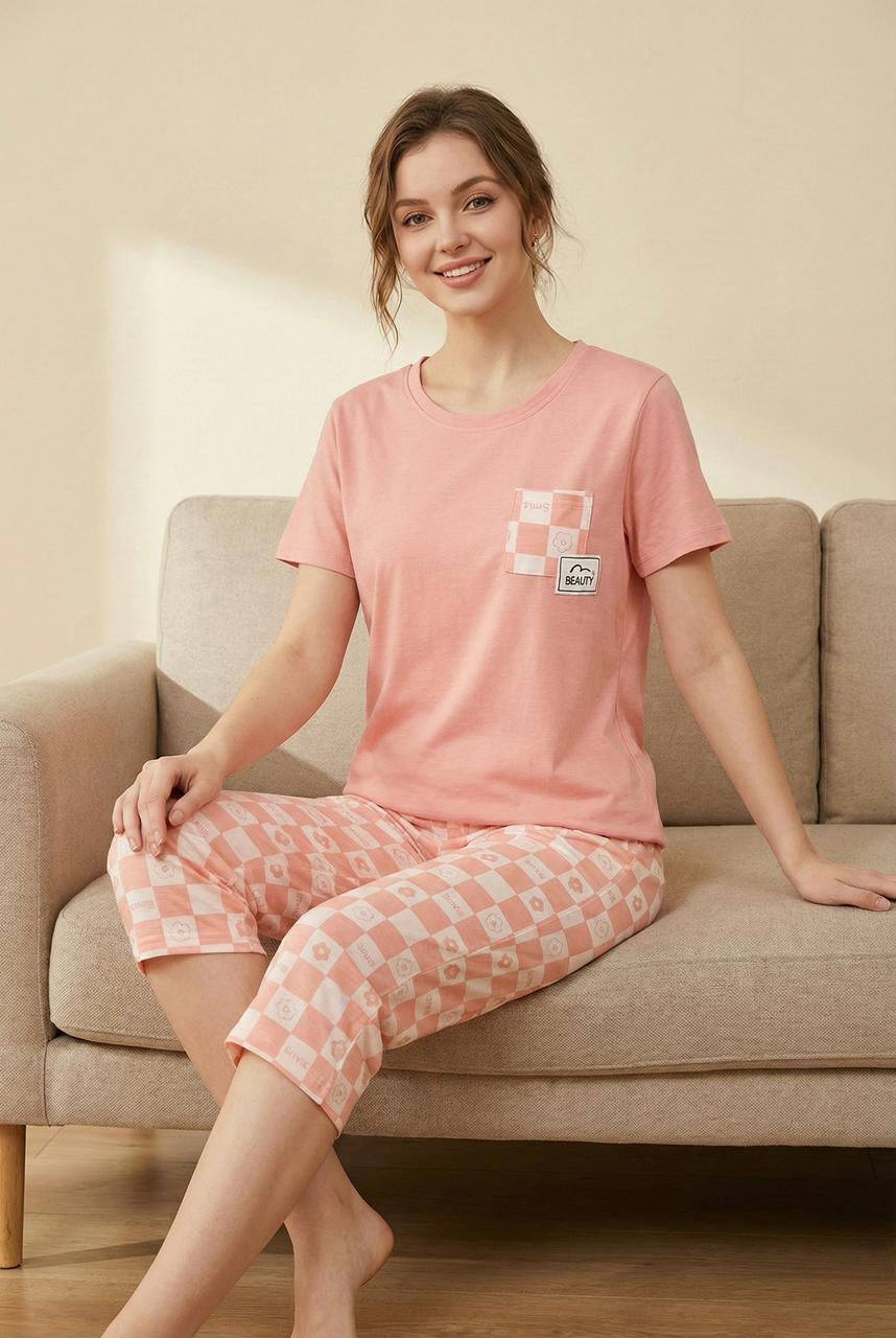 Peach Checkered Capri Nightwear Set – 2-Piece Cotton Loungewear | Comfortable Women's Clothing UAE | House of Shreenaa
