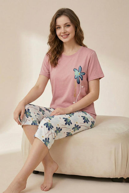 Tropical Floral Capri Set - Pink & White Cropped Pant Loungewear | Comfortable Women's Clothing UAE | House of Shreenaa
