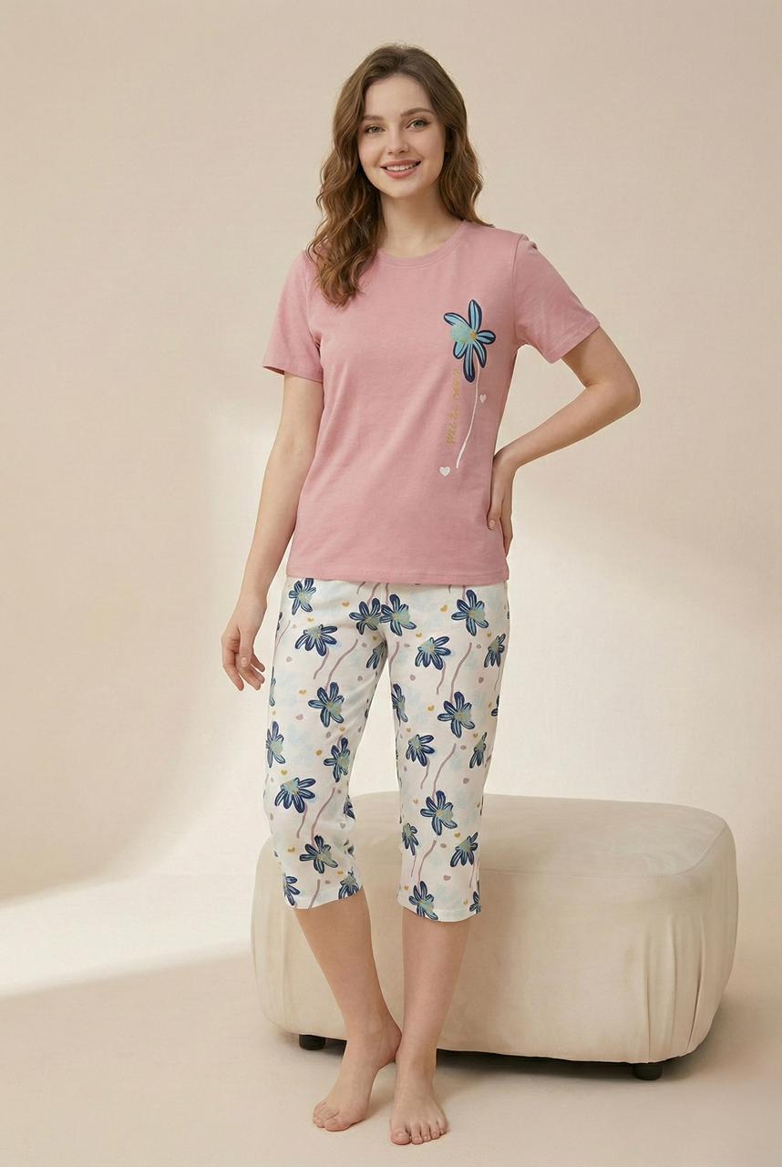 Tropical Floral Capri Set - Pink & White Cropped Pant Loungewear | Comfortable Women's Clothing UAE | House of Shreenaa