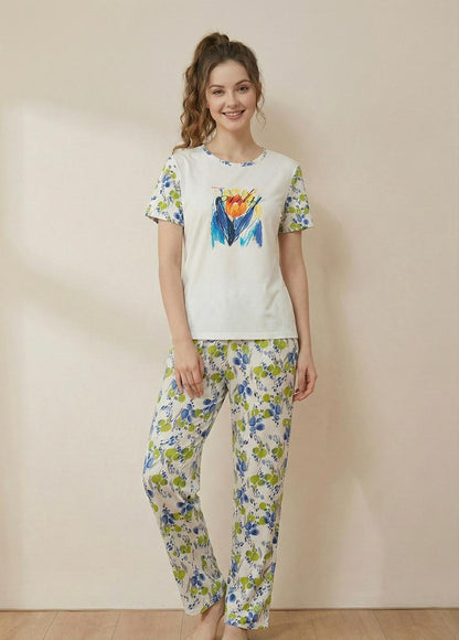 3-Piece Floral Cotton Nightwear Set – T-Shirt, Pyjama & Shorts | Comfortable Women's Clothing UAE | House of Shreenaa