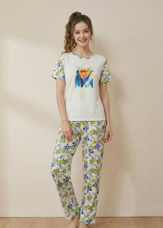 3-Piece Floral Cotton Nightwear Set – T-Shirt, Pyjama & Shorts | Comfortable Women's Clothing UAE | House of Shreenaa