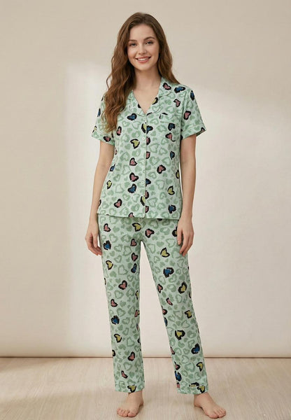 Mint Green Co-ord Pyjama Set - Button-Down & Heart Print for Women | Comfortable Women's Clothing UAE | House of Shreenaa