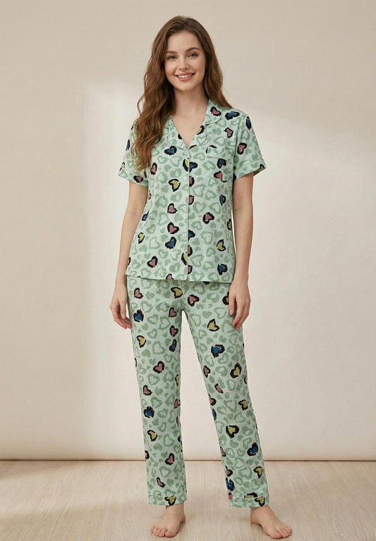 Mint Green Co-ord Pyjama Set - Button-Down & Heart Print for Women | Comfortable Women's Clothing UAE | House of Shreenaa