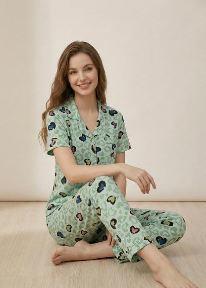 Mint Green Co-ord Pyjama Set - Button-Down & Heart Print for Women | Comfortable Women's Clothing UAE | House of Shreenaa