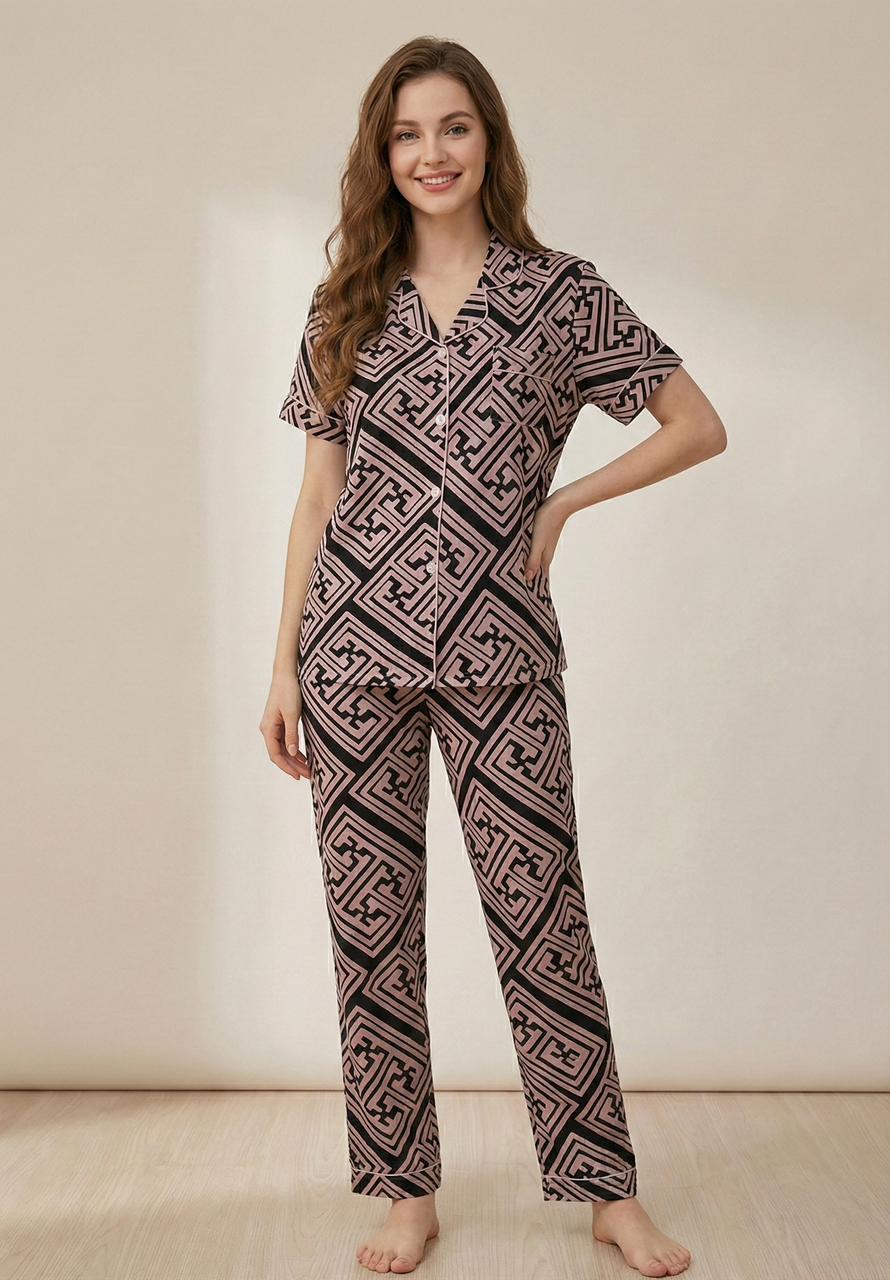 Geometric Print Co-ord Set - Collared Button-Down Loungewear | Comfortable Women's Clothing UAE | House of Shreenaa