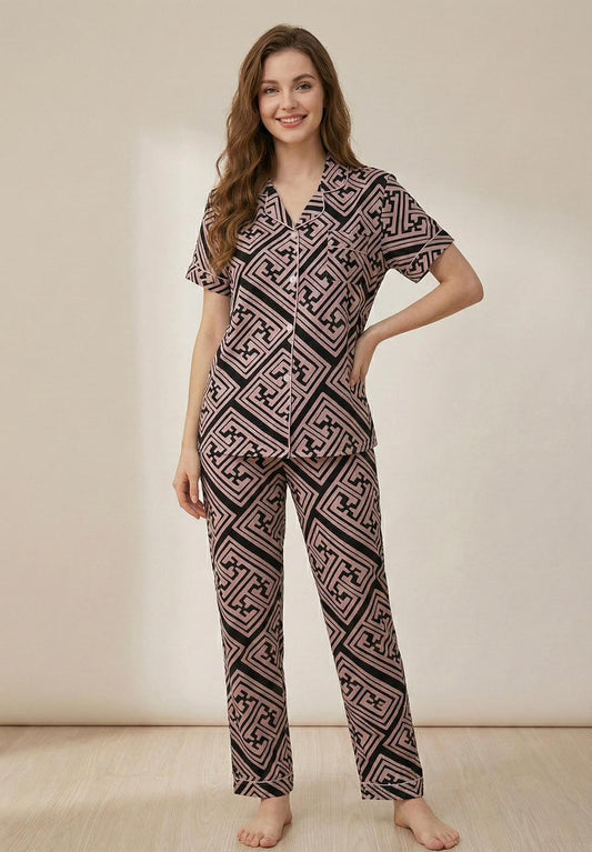 Geometric Print Co-ord Set - Collared Button-Down Loungewear | Comfortable Women's Clothing UAE | House of Shreenaa