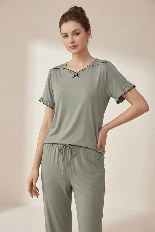 Ruffle Trim Soft Blend Pyjama Set - Soft Olive Green Loungewear | Comfortable Women's Clothing UAE | House of Shreenaa