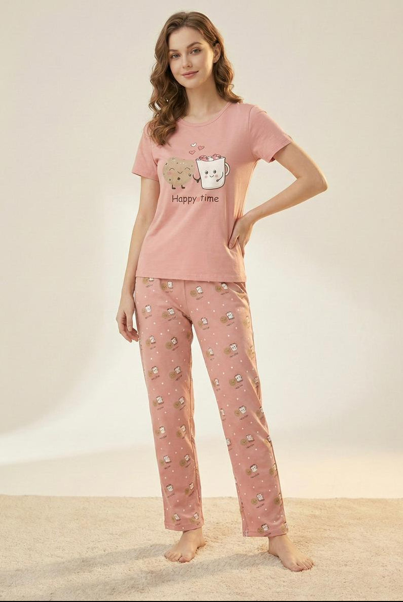 “Happy Time" Print Pyjama Set – Playful Comfort for Every Mood for Girls | Comfortable Women's Clothing UAE | House of Shreenaa
