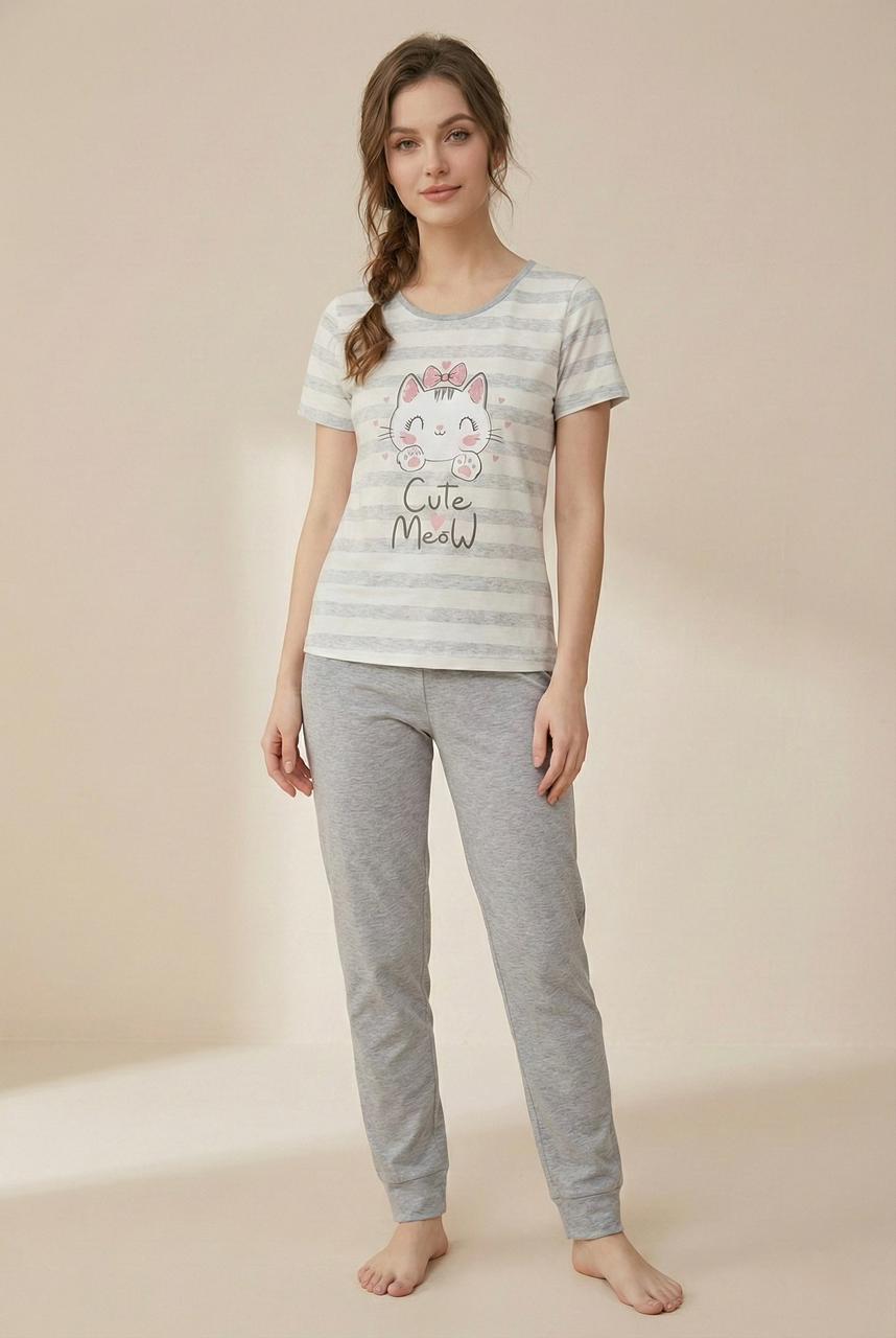 “Cutie Meow” Striped Pyjama Set – Adorable Comfort for Girls | Comfortable Women's Clothing UAE | House of Shreenaa