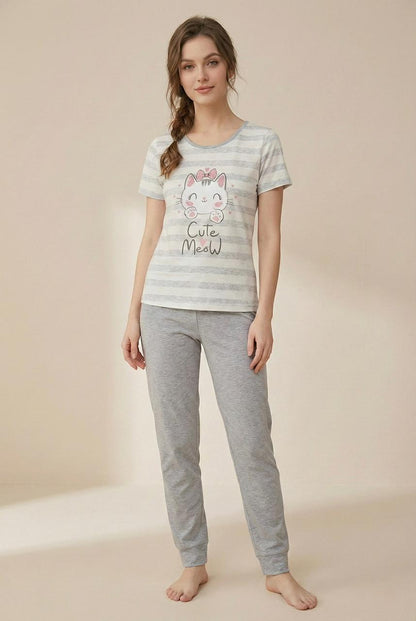 “Cutie Meow” Striped Pyjama Set – Adorable Comfort for Girls | Comfortable Women's Clothing UAE | House of Shreenaa