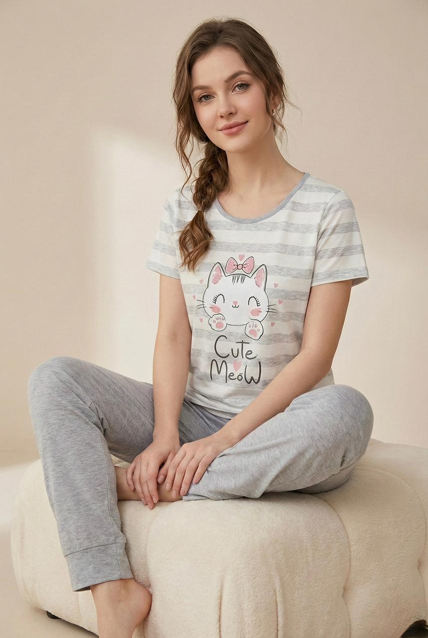 “Cutie Meow” Striped Pyjama Set – Adorable Comfort for Girls | Comfortable Women's Clothing UAE | House of Shreenaa