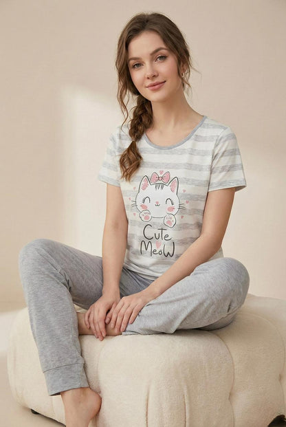 “Cutie Meow” Striped Pyjama Set – Adorable Comfort for Girls | Comfortable Women's Clothing UAE | House of Shreenaa