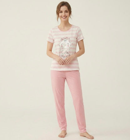 “Cutie Meow” Striped Pyjama Set – Adorable Comfort for Girls | Comfortable Women's Clothing UAE | House of Shreenaa