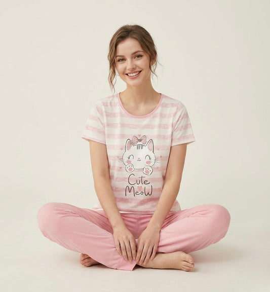 “Cutie Meow” Striped Pyjama Set – Adorable Comfort for Girls | Comfortable Women's Clothing UAE | House of Shreenaa