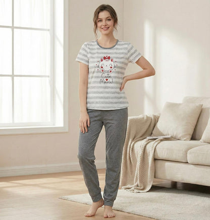 “Cutie Meow” Striped Pyjama Set – Adorable Comfort for Girls | Comfortable Women's Clothing UAE | House of Shreenaa